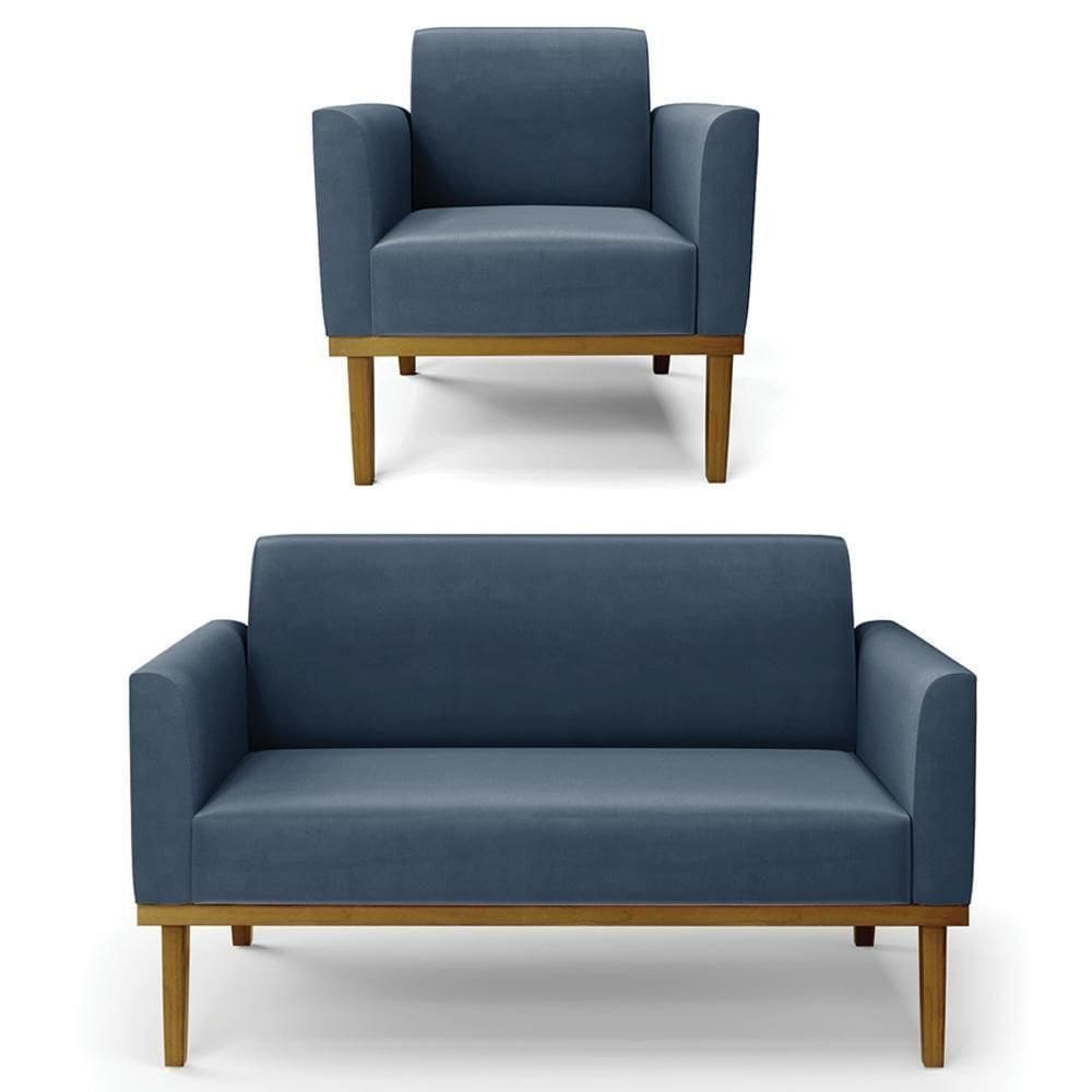 Sofá Namoradeira E 1 Poltrona Base Madeira Castanho Maressa Suede Azul Marinho - Ibiza
