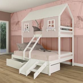 Beliche Casal/ Solteiro Casinha Encantada 02 Gavetas Kit Escada/ Escorregador Madeira Maciça Rosa/ Branco Megamobilia