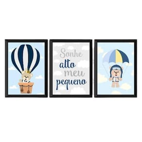 Kit 3 Quadros Infantis Ursinhos 45X34Cm - Madeira Preta