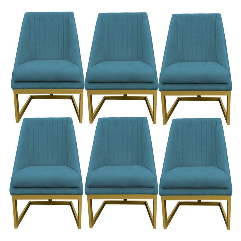 Kit 06 Cadeiras Para Sala De Jantar Ana Base De Ferro Suede Azul Tiffany D`classe Decor
