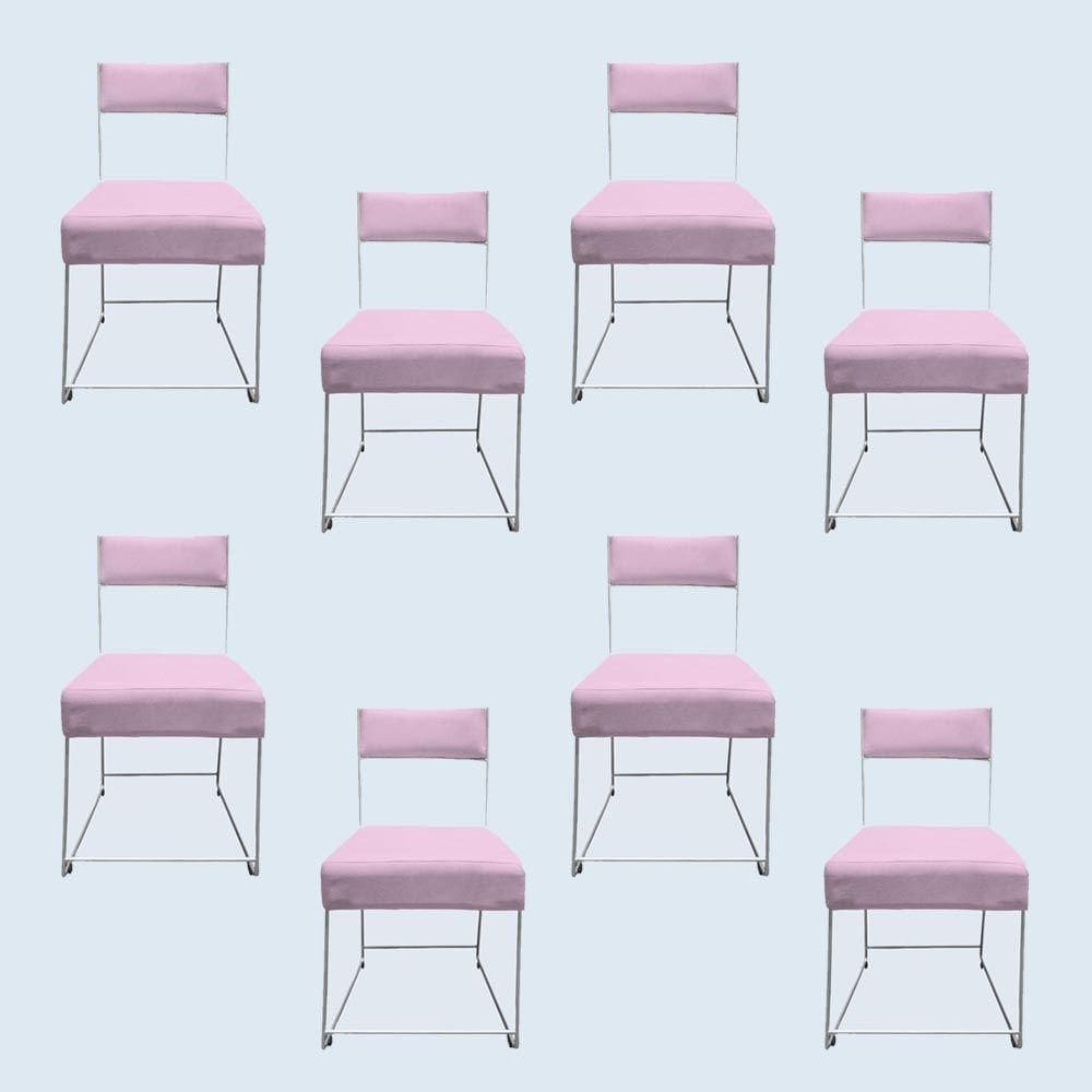 Kit 08 Cadeiras Atena Base De Ferro Maciço Prata Suede Rosa Bebê D`classe Decor
