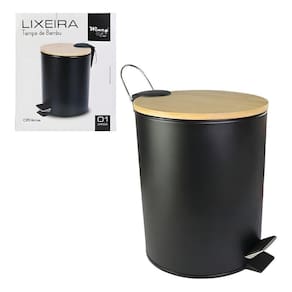Lixeira De Inox Preta Com Tampa De Bambu 5 Litros - Estilo e Funcionalidade