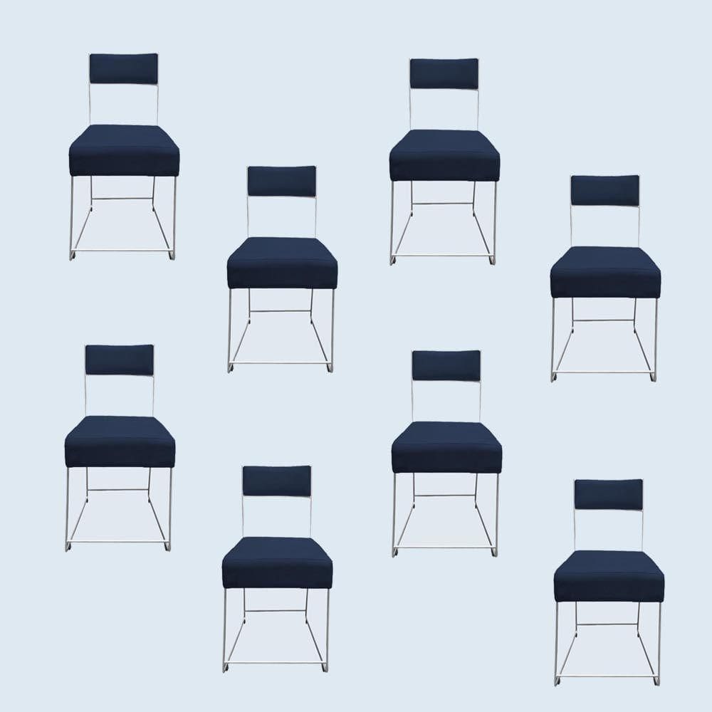Kit 08 Cadeiras Atena Base De Ferro Maciço Prata Veludo Azul Marinho D`classe Decor