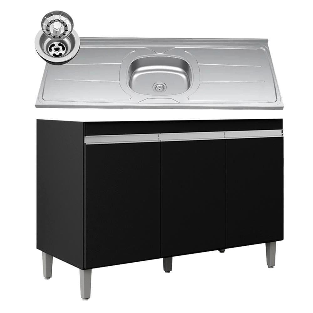 Balcão De Cozinha Com Pia Inox 120cm 3 Portas Manu Preto - Ajl Móveis