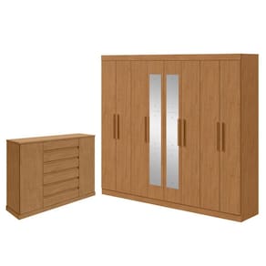 Guarda Roupa Casal Andara Soft com Espelho e Cômoda Sapateira Vedra Amêndoa Clean – Lopas