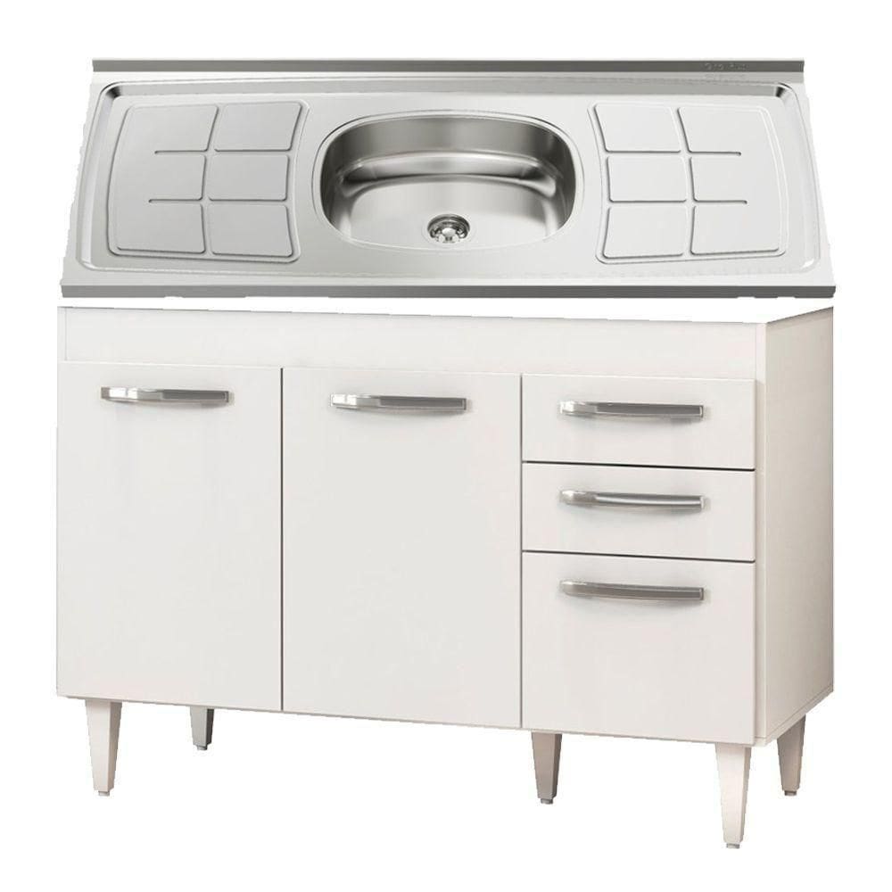 Balcão Gabinete Suécia E Pia Inox 120cm 3 Portas - Lumil Móveis Branco-castanho