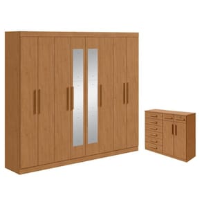 Guarda Roupa Casal Andara Soft com Espelho e Cômoda Sapateira Toronto Amêndoa Clean – Lopas
