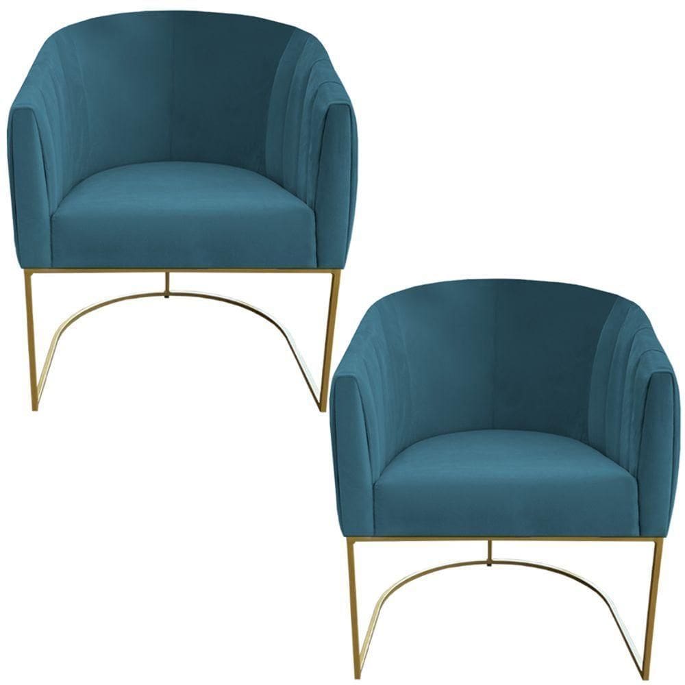 Kit 02 Poltrona Julia Com Base De Ferro Sala De Estar Escritório Recepção Clinica Suede Azul Tiffany D`classe Decor