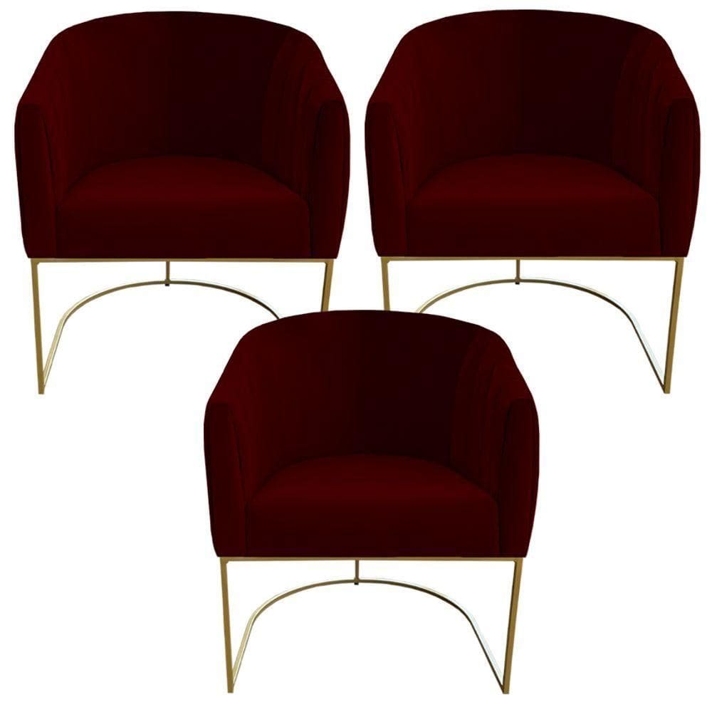 Kit 03 Poltrona Julia Com Base De Ferro Sala De Estar Escritório Recepção Clinica Suede Marsala D`classe Decor