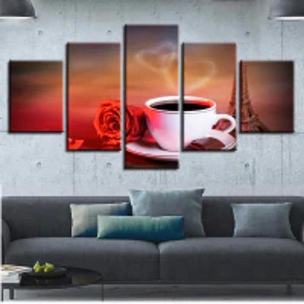 Quadro Decorativo Mosaico De 5 Peças Café Em Paris Rosa Amor