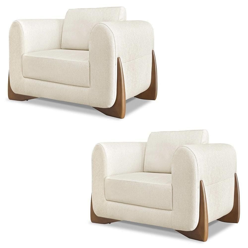 Poltrona Para Sala Base De Madeira Kit 2 Izzy S06 Linho Natural - Mpozenato