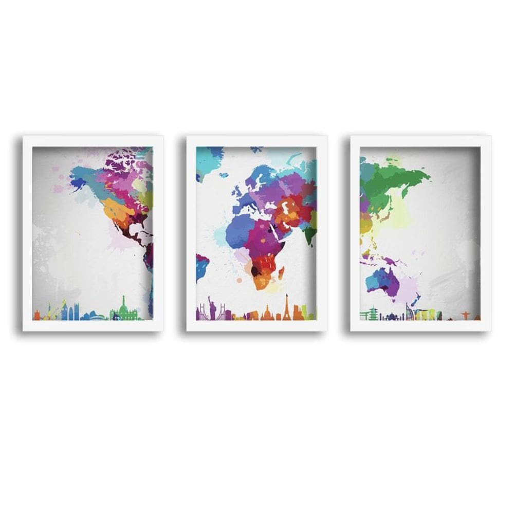 Kit 3 Quadros Decorativos Molduras Brancas Mapa Artistico