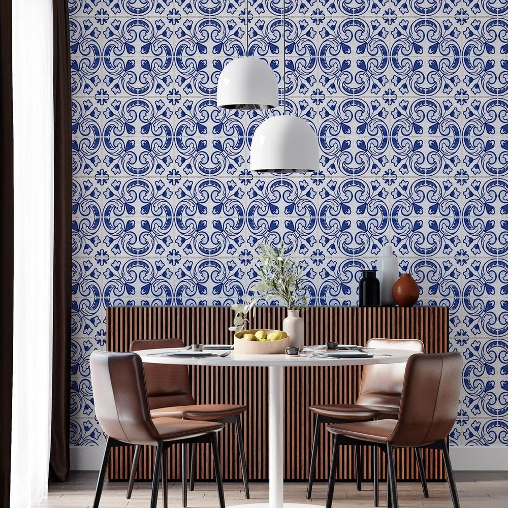 Kit 7 Rolos Papel De Parede Adesivo Azulejo Azul Branco 3,0M