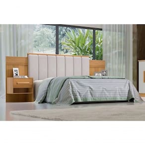 Cabeceira Para Cama De Casal Ripada Irís Estofada Com 2 Mesas De Cabeceira D` Doro Cinamomo-ripado