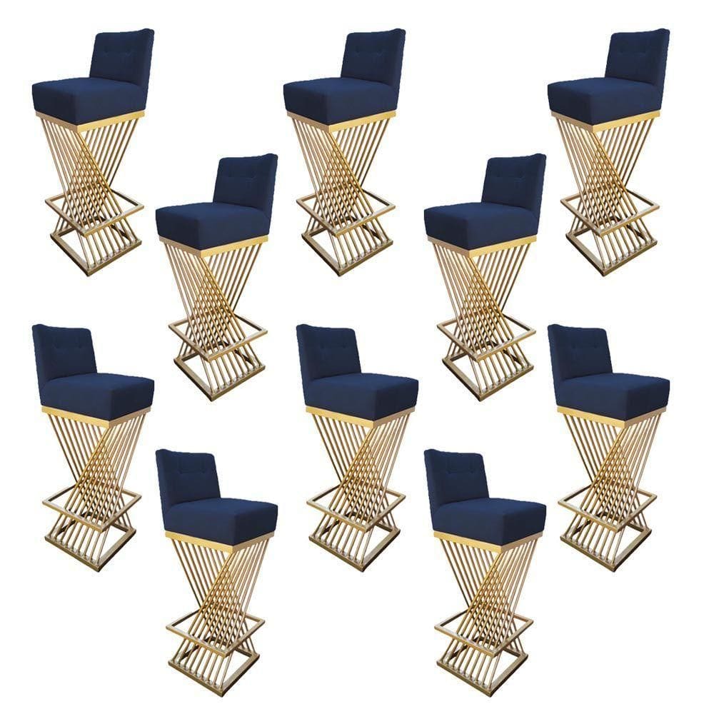 Kit 10 Banquetas Luma Base De Ferro Sued Azul Marinho D`classe Decor