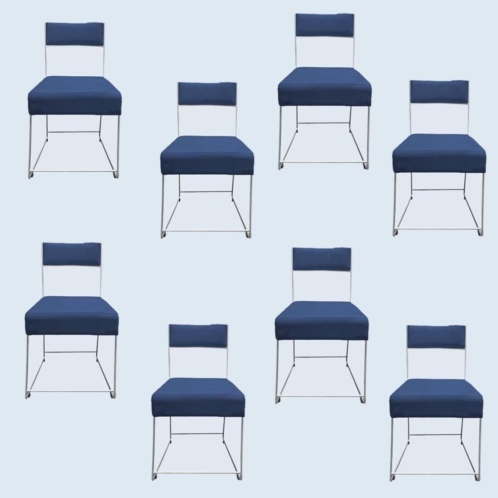 Kit 08 Cadeiras Atena Base De Ferro Maciço Prata Suede Azul Marinho D`classe Decor
