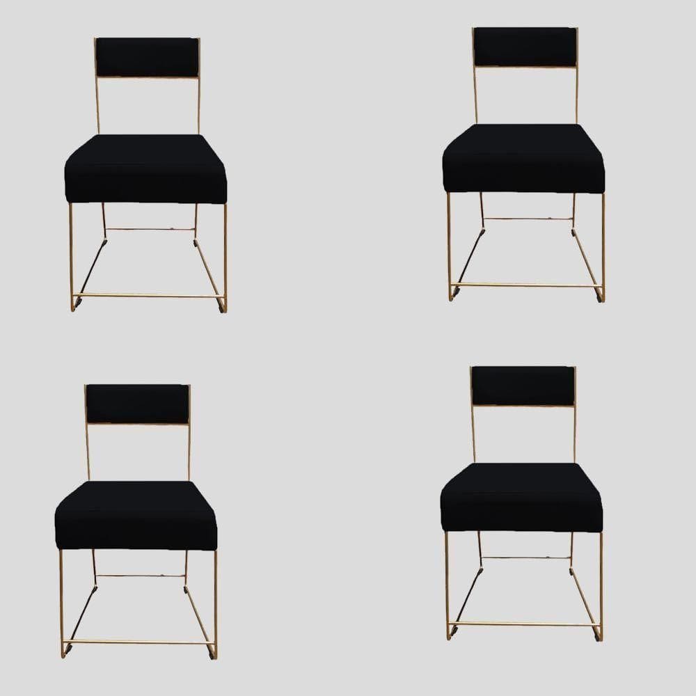 Kit 04 Cadeiras Atena Base De Ferro Maciço Dourada Suede Preto D`classe Decor