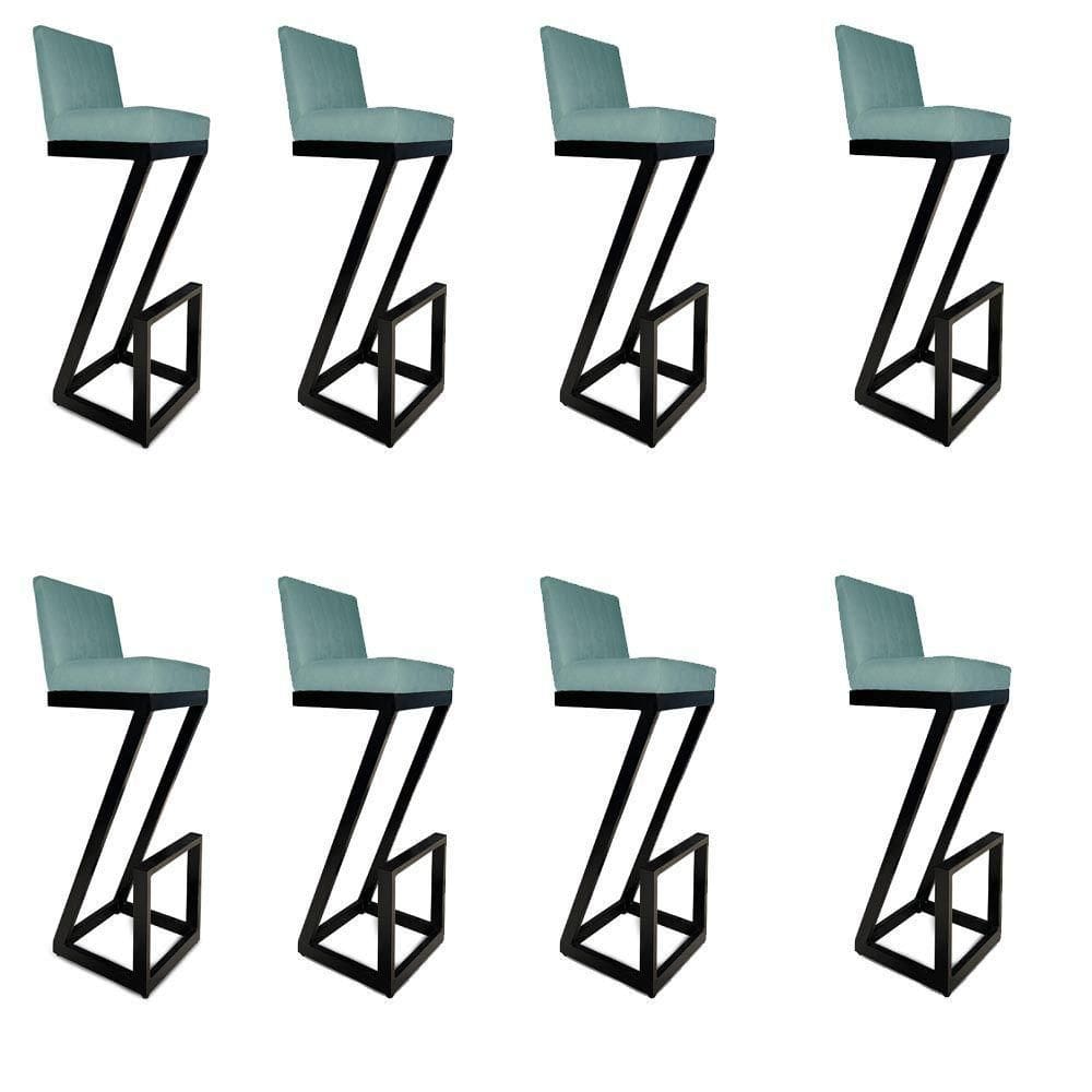 Kit 08 Banqueta Alta Z Base De Ferro Suede Azul Tiffany D`classe Decor