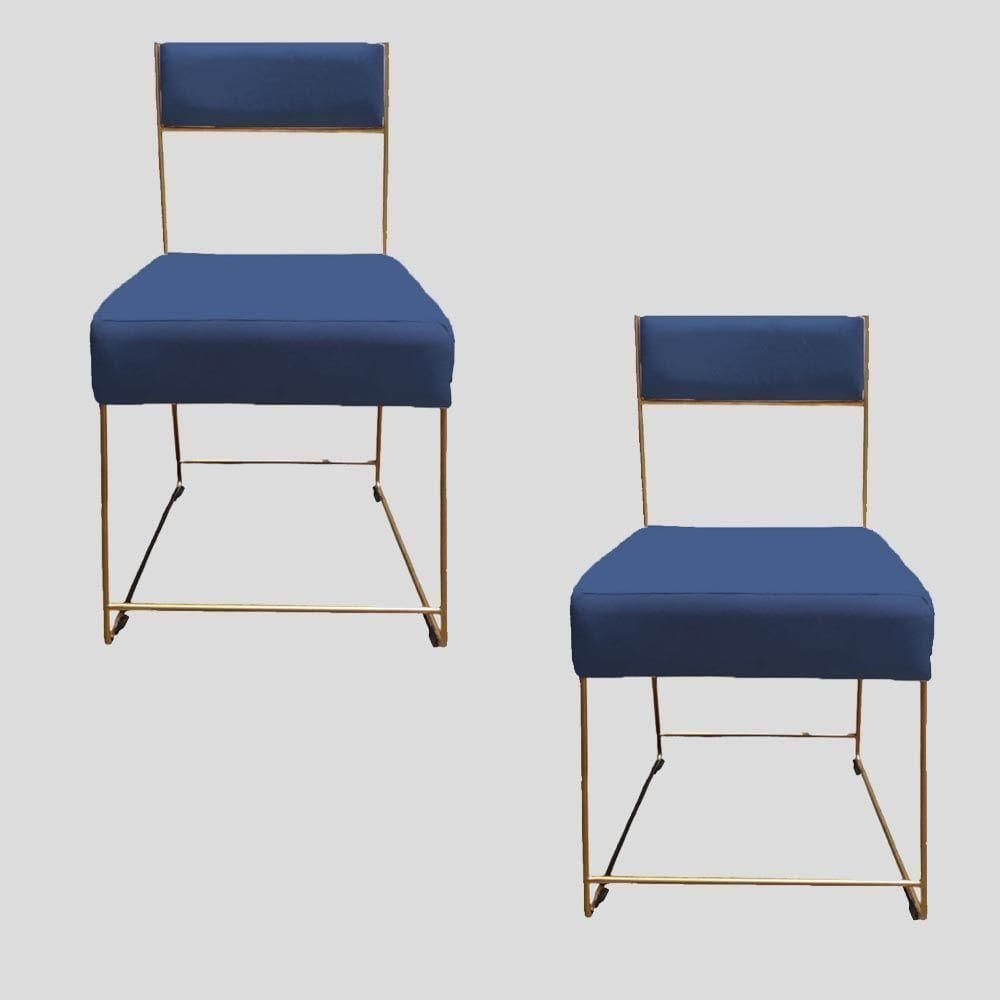 Kit 02 Cadeiras Atena Base De Ferro Maciço Dourada Suede Azul Marinho D`classe Decor