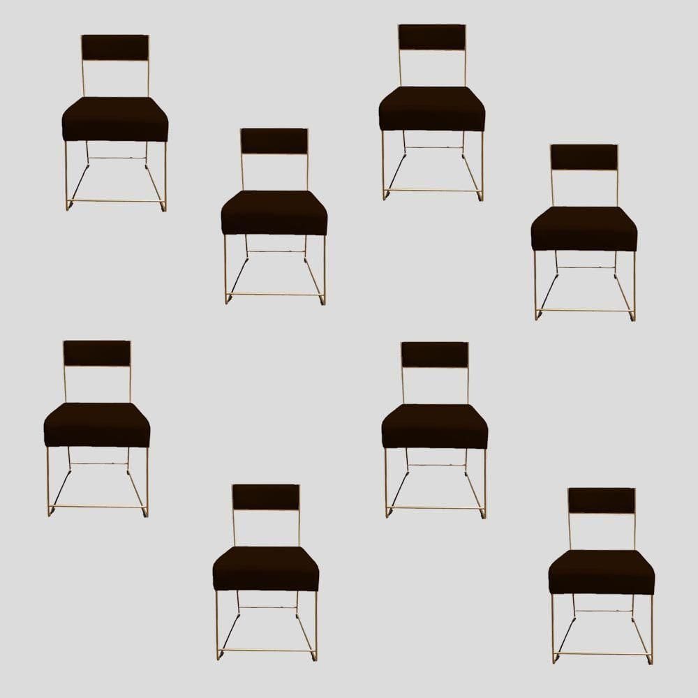 Kit 08 Cadeiras Atena Base De Ferro Maciço Dourada Suede Marrom D`classe Decor