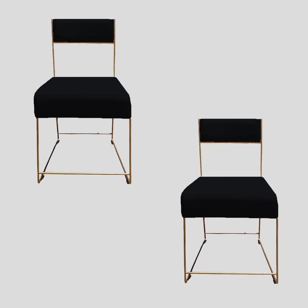 Kit 02 Cadeiras Atena Base De Ferro Maciço Dourada Suede Preto D`classe Decor