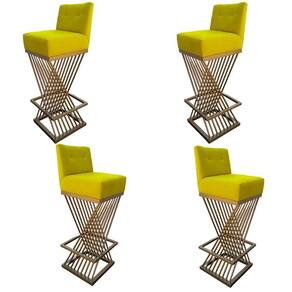 Kit 04 Banquetas Luma Base De Ferro Sued Amarelo D`classe Decor