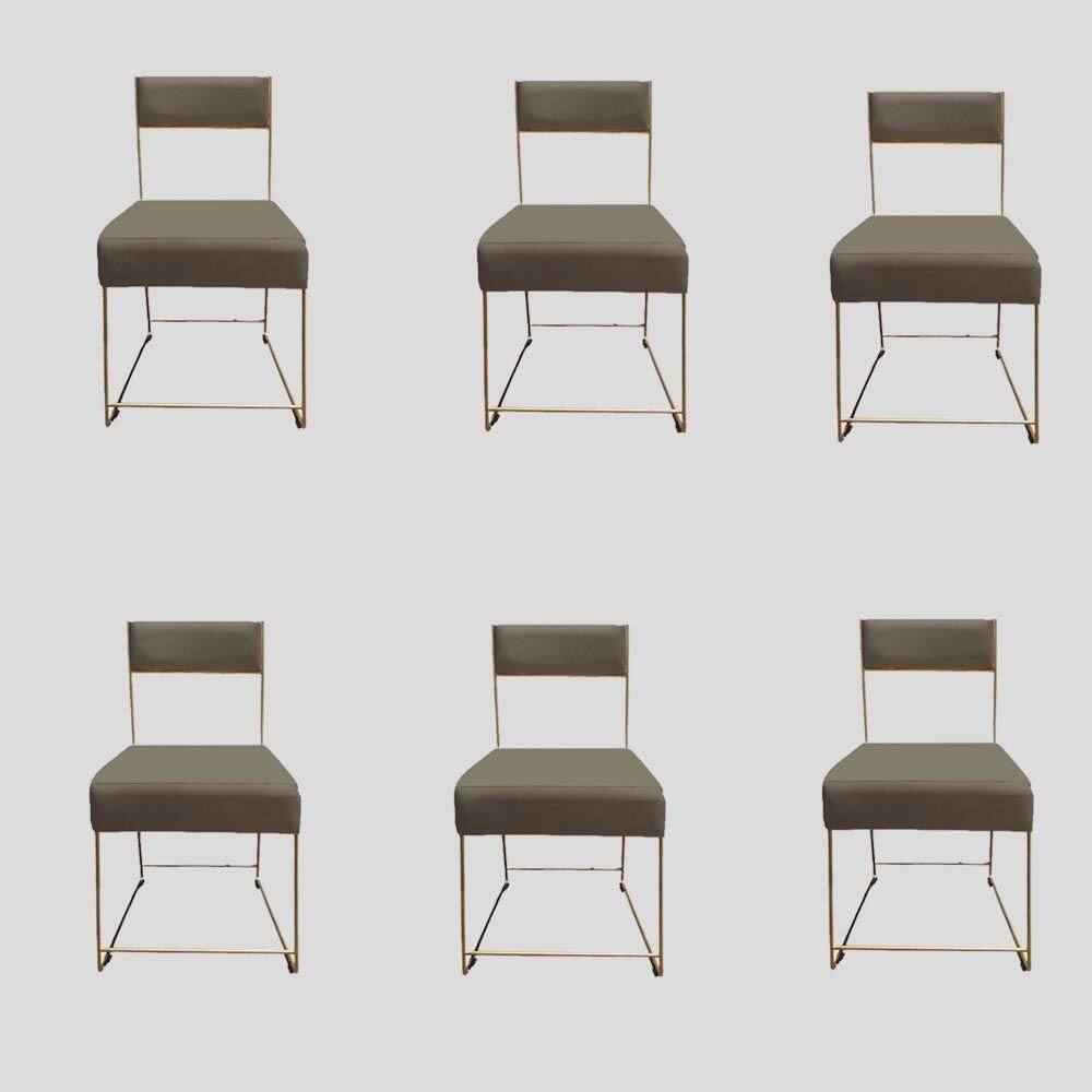 Kit 06 Cadeiras Atena Base De Ferro Maciço Dourada Suede Marrom Rato D`classe Decor