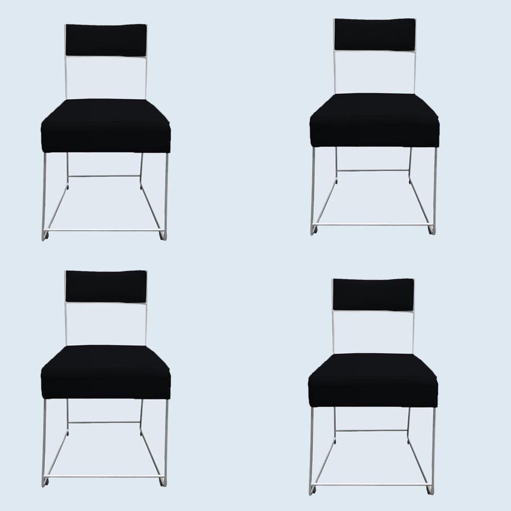 Kit 04 Cadeiras Atena Base De Ferro Maciço Prata Suede Preto D`classe Decor