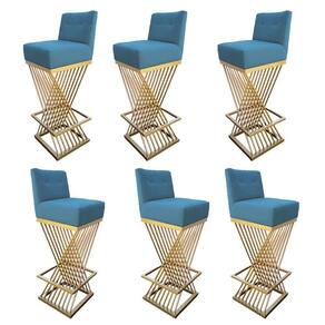 Kit 06 Banquetas Luma Base De Ferro Sued Azul Tiffany D`classe Decor