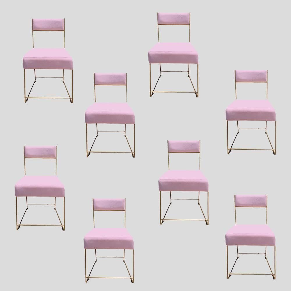 Kit 08 Cadeiras Atena Base De Ferro Maciço Dourada Suede Rosa Bebê D`classe Decor