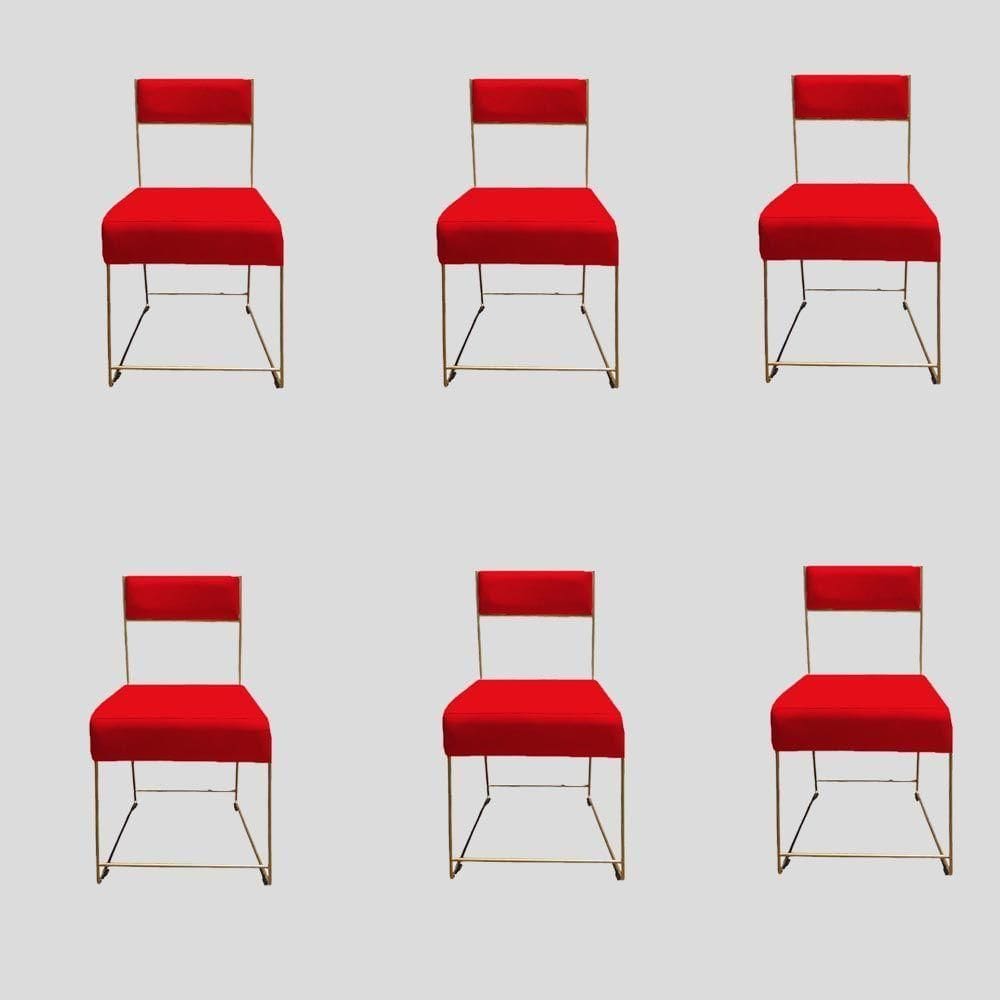 Kit 06 Cadeiras Atena Base De Ferro Maciço Dourada Suede Vermelho D`classe Decor