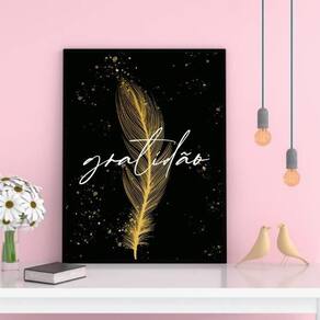 Quadro Pena Dourada Gratidão 24X18Cm Com Vidro - Preta