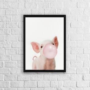 Quadro Porquinho Chicletes 33X24Cm - Com Vidro Moldura Preta