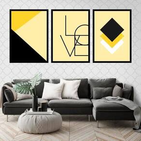 Kit 3 Quadros Love Geométrico Amarelo 33X24Cm Moldura Preta