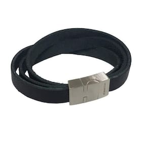 Bracelete Rosso 20Cm Couro 3 Tiras Preto Fecho Steel Fosco