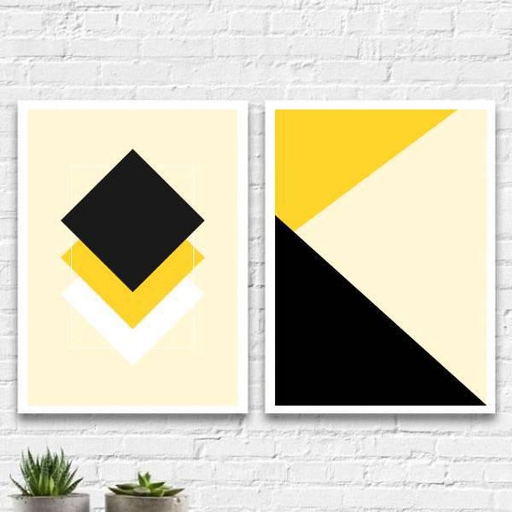 Kit 2 Quadros Geométricos Amarelo E Preto 24X18Cm - Branca