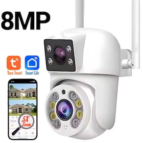 Câmera de Segurança Dupla, Giratória, IP, Wi-Fi, Full HD, 8MP, Tuya, Smart Life, 2.4G, Branca - ZS070