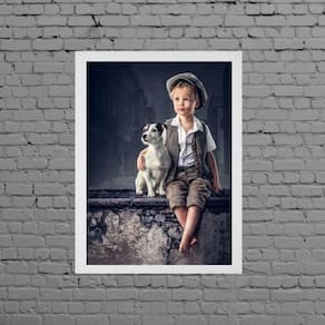 Quadro Vintage Menininho E Cachorro 33X24Cm Moldura Branca