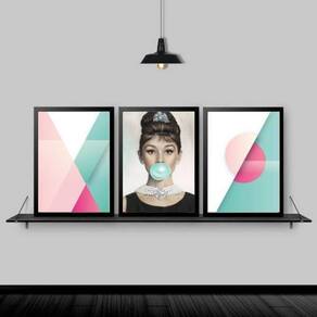 Kit 3 Quadros Abstratos Audrey Chiclete 24X18 Moldura Preta