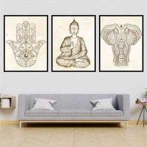 Kit 3 Quadros Buda Zen, Hamsa, Elefante 33X24 Moldura Preta