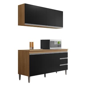 Kit De Cozinha Andréia Balcão 160cm Amêndoa-preto Com Tampo Mdp E Aéreo - Ajl Móveis Amêndoa-preto