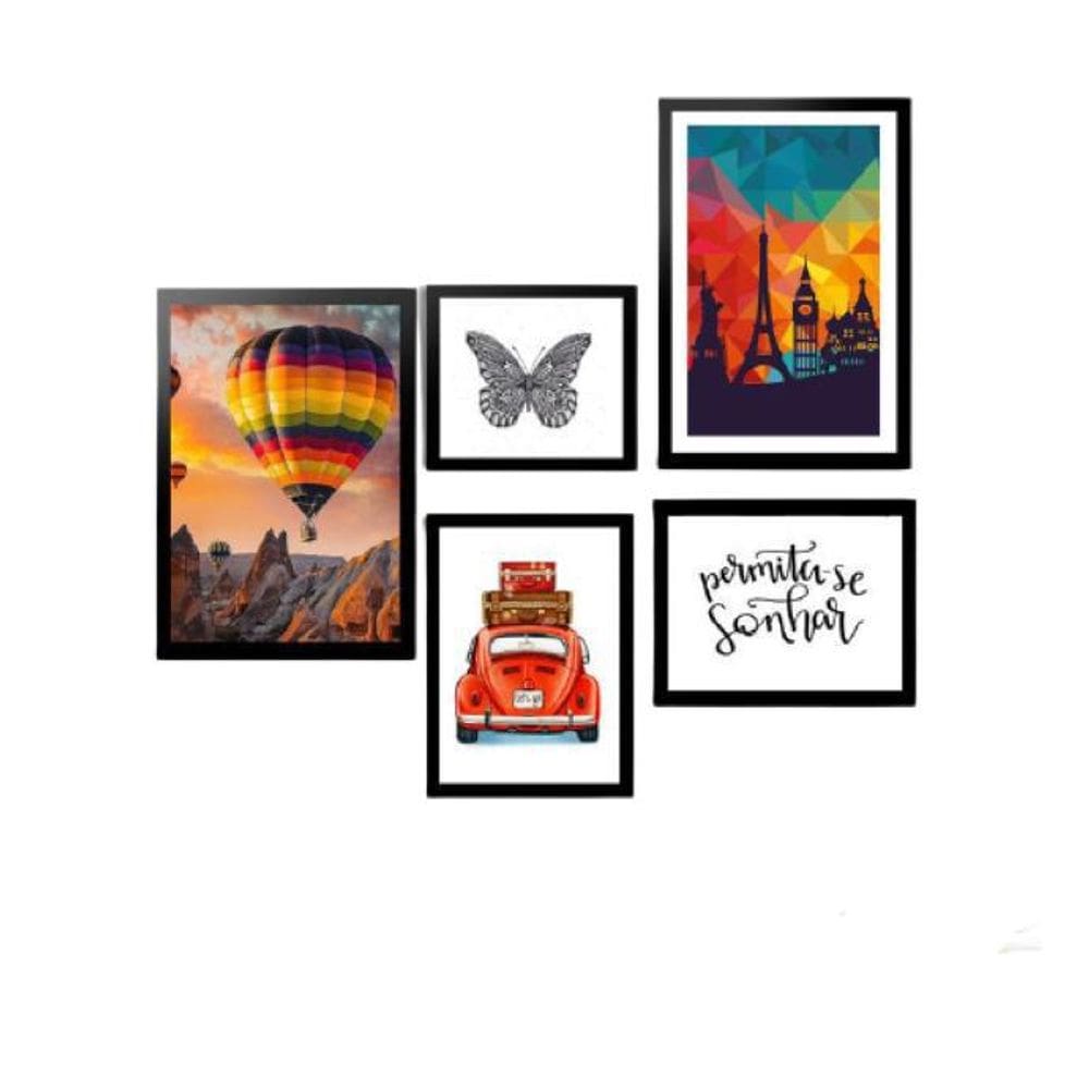 Kit 5 Quadros Decorativos Com Molduras Permita-Se Viagem