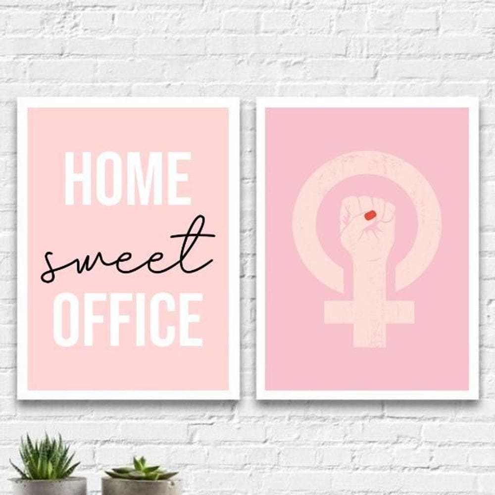 Kit 2 Quadros Home Office Feminino 45X34Cm - Com Vidro