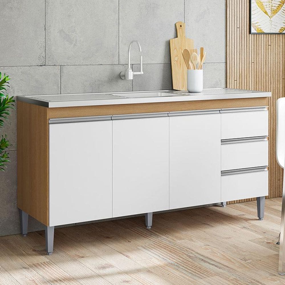 Balcão de Pia Ambiente Andréia 150cm Amêndoa Branco - AJL