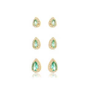 Trio Brincos Gotas Cravejados Banhado A Ouro 18k