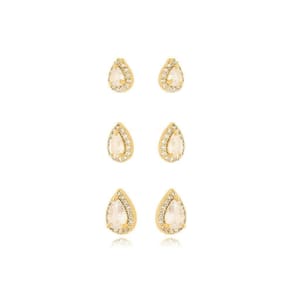 Trio Brincos Gotas Cravejados Banhado A Ouro 18k