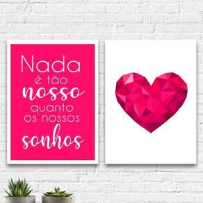 Kit 2 Quadros Sonhos Coração Geométrico Pink 33Cm Com Vidro