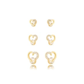 Trio Brincos Corações Cravejados Banhado A Ouro 18k