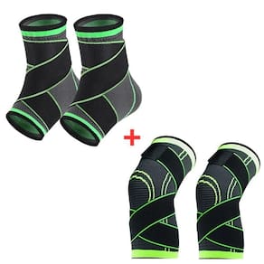 Kit Par Tornozeleira Ortopédica Ajustável + Par Joelheira Protetora Articulada Faixa Ajustável Flexível Preto