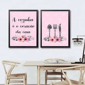 Kit 2 Quadros Cozinha Coração Da Casa Rosa 45X34 Vidro Preta